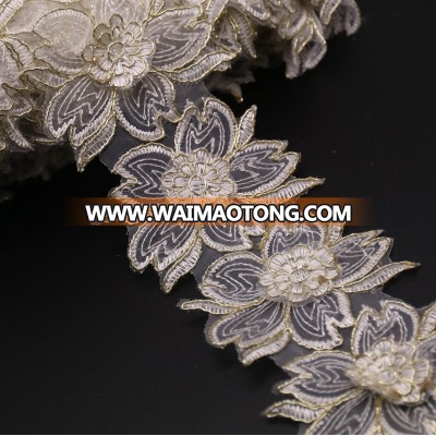 Golden Knit 9.5cm Width gold bone line stereo barcode flower embroidery lace dress clothing accessories yl895#