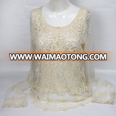 Golden Knit Fashion Sexy Lace Cotton Tops with Tulle for Women Wholesale